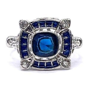 925 Sterling Silver with Sapphire and White Cubic Zirconia Art Deco Ring Size 7